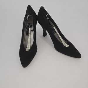 Stuart Weitzman Black Satin Rhinestone T Strap Heels 7.5B 3" Pump Silver Strap